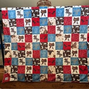 Western Patchwork Saddle & Rodeo Minky Throw Blanket - Red, Blue, Brown